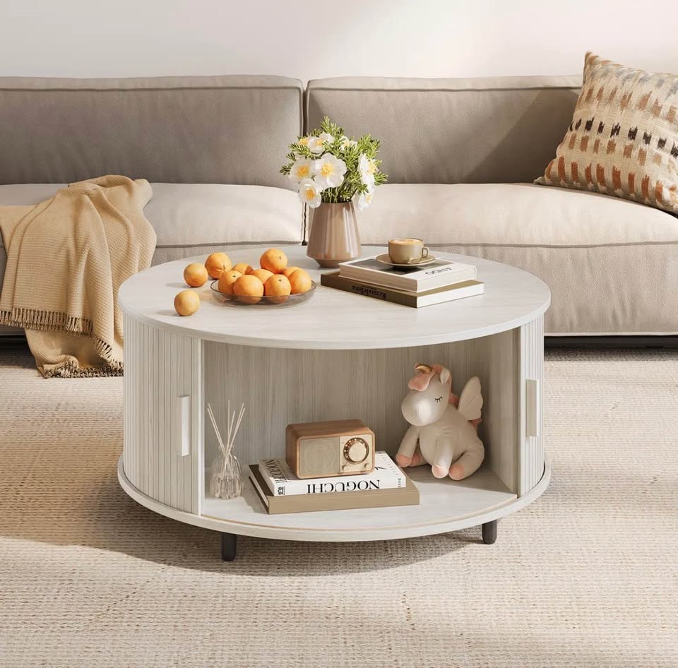 Modern Round Coffee Table with Sliding Storage Door – Brand New - photo 3