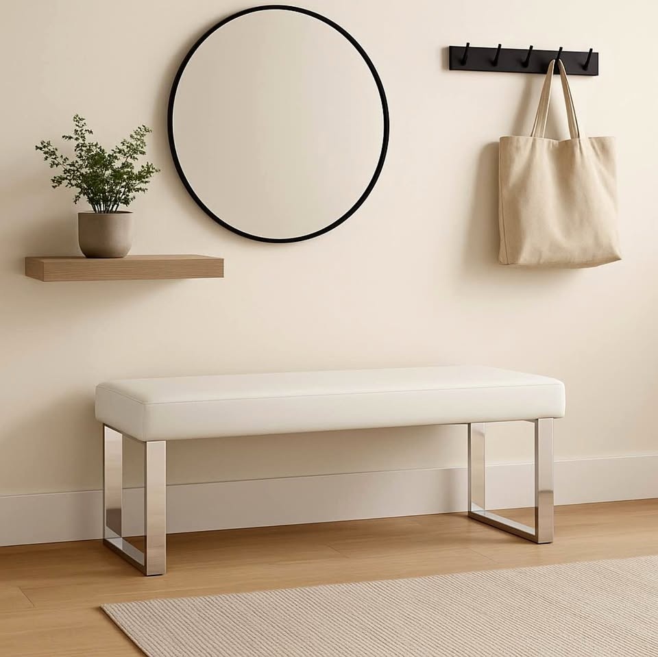 Modern Luxe White Upholstered Bench w/ Chrome Legs – Brand New!