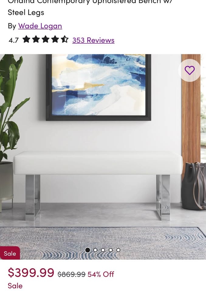 Modern Luxe White Upholstered Bench w/ Chrome Legs – Brand New! - photo 2