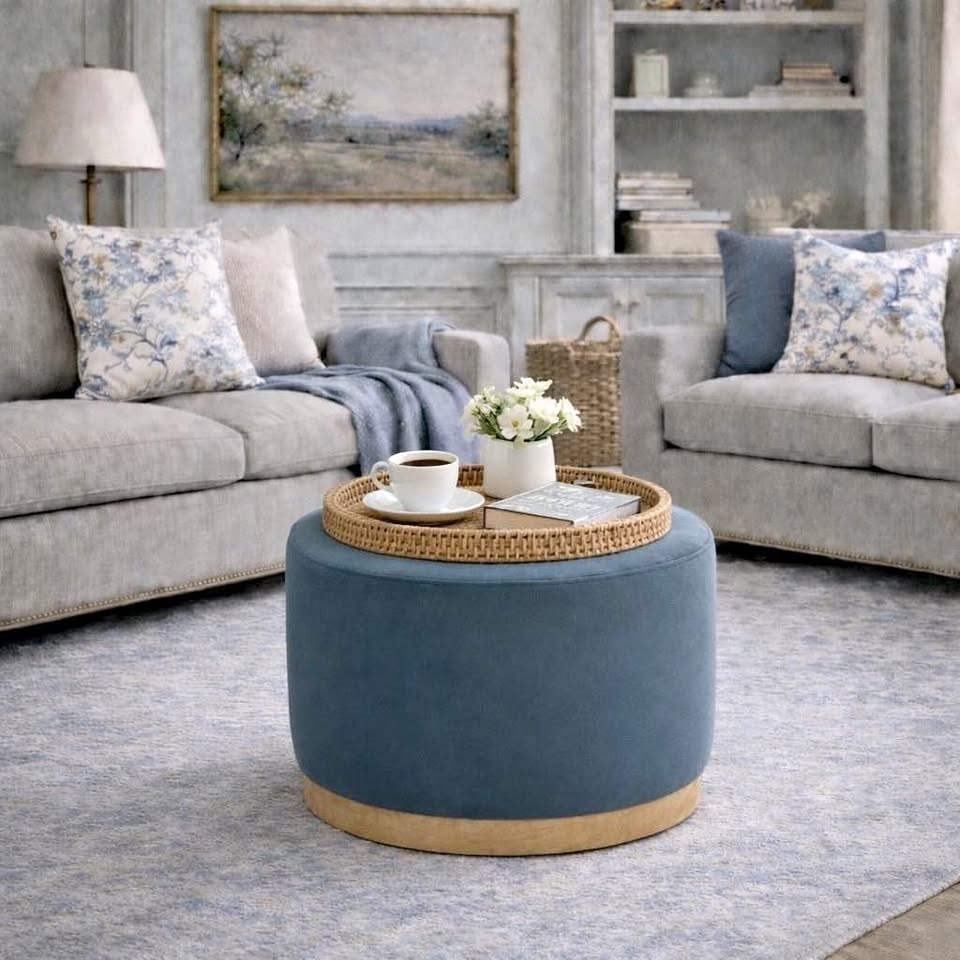 Modern Round Velvet Ottoman / Footrest / Coffee Table – 23” Bran