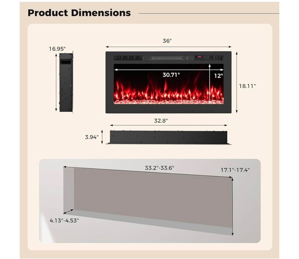 36″ Smart WiFi Electric Fireplace – Alexa & Google, Wall Mounted - photo 5