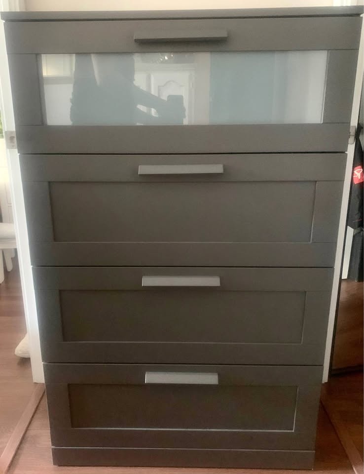 IKEA BRIMNES 4 drawer dresser gray. Frosted glass