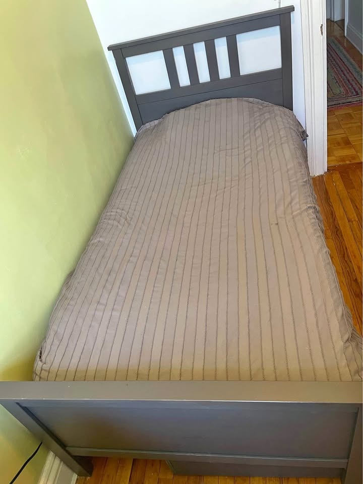 IKEA Hemnes twin bed frame with storage, grey with bed base incl