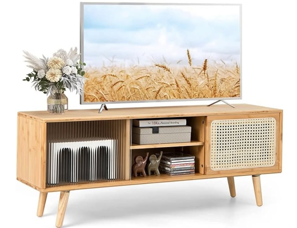 TV Stand - Bamboo w/Rattan & Tempered Glass Sliding Doors