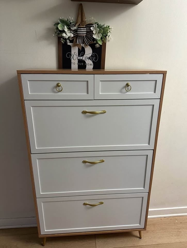 Shoe storage cabinet with 3 folding drawers and 2 horizontal dra