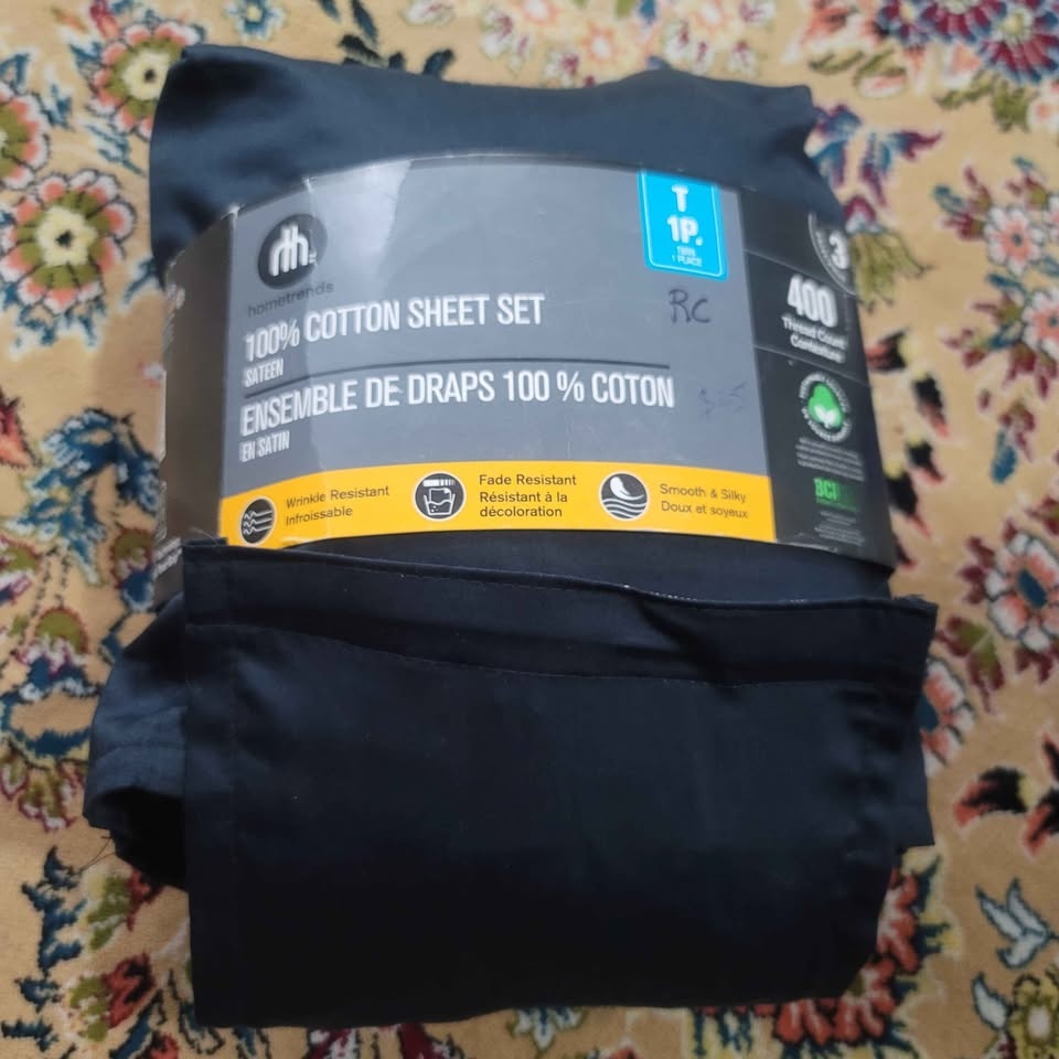 3 piece Twin size 100% Cotton Sheet Set Sateen Black - photo 5