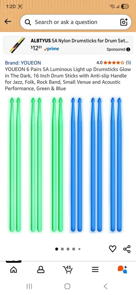 6 pairs 5A Luminous performance, Green and Blue Drum sticks