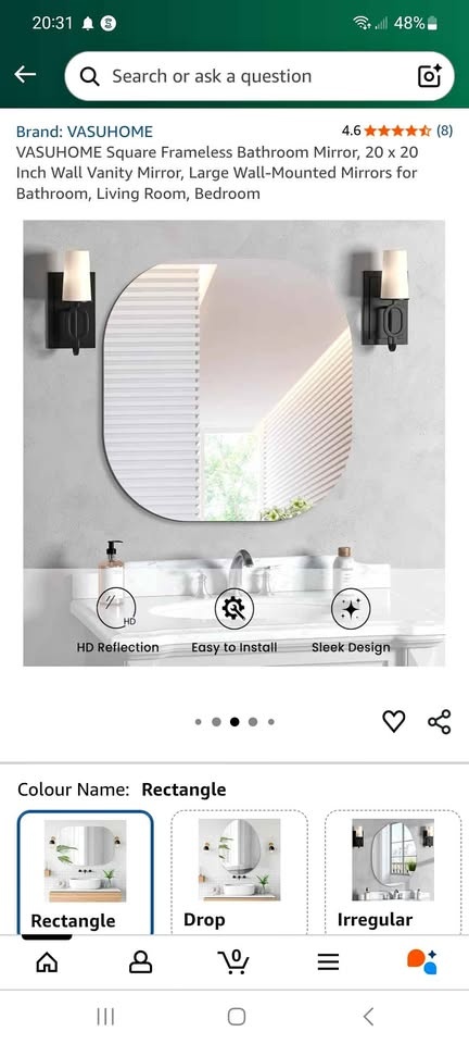 Vasuhome 20" x 20" Frameless Bathroom Mirror