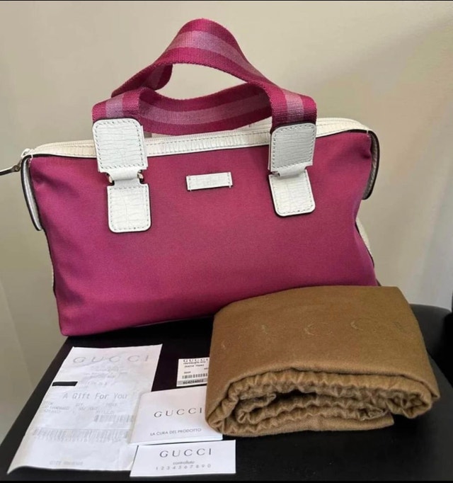 New Authentic Gucci Bowling Bag -Fuchsia Canvas Boston Bag - photo 2