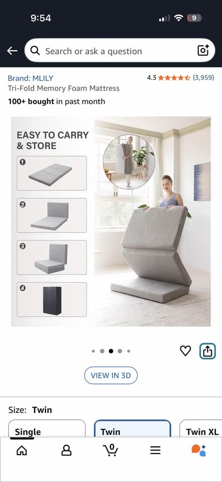 Trifold memory foam Mattress Twin
