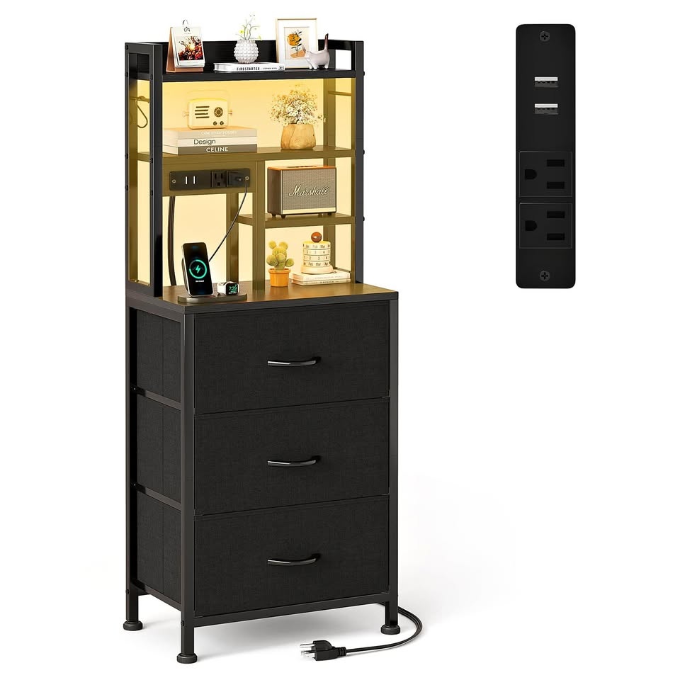 Tall NightStand with 3 Fabric Drawers and LED Lights