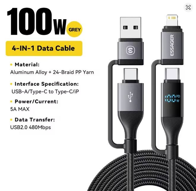 4 In 1 USB Cable Type C Digital Display 100W PD Fast Charging - photo 2