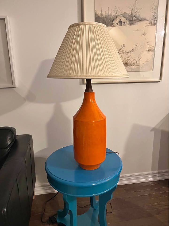 Large mid century modern orange ceramic lamp with teak wood