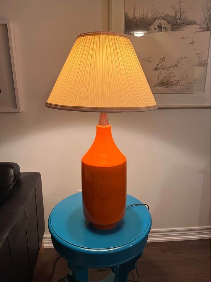 Large mid century modern orange ceramic lamp with teak wood - photo 2