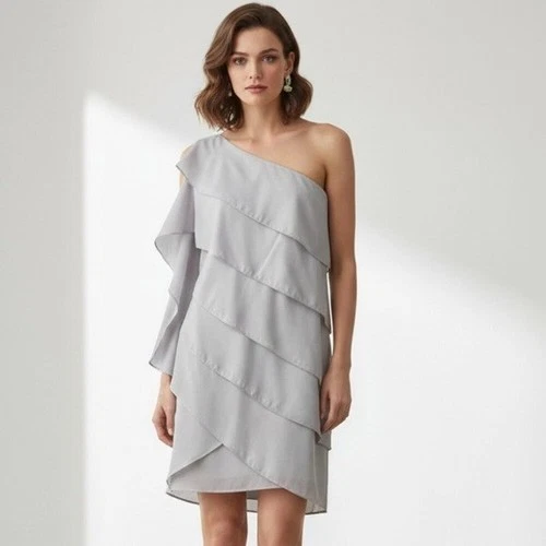 BCBG Mini Dress Tiered Ruffle One Shoulder blue Small