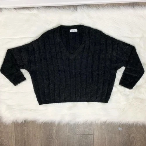 OAK + FORT Womens Fuzzy Sweater V-neck Brushed Knit Black Sz XS - photo 3