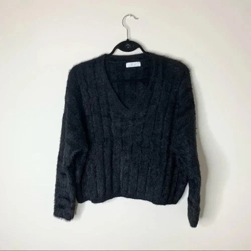OAK + FORT Womens Fuzzy Sweater V-neck Brushed Knit Black Sz XS - photo 5
