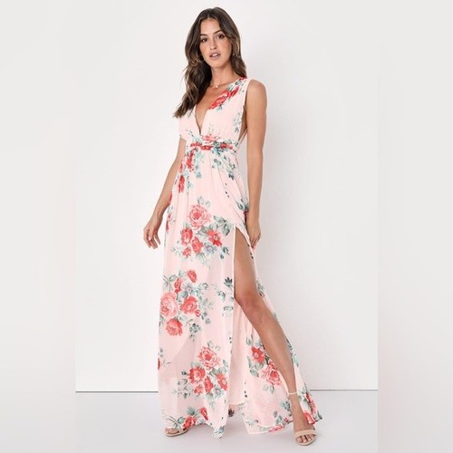 LULUS Floral Print Maxi Dress Side slit Chiffon Size XS