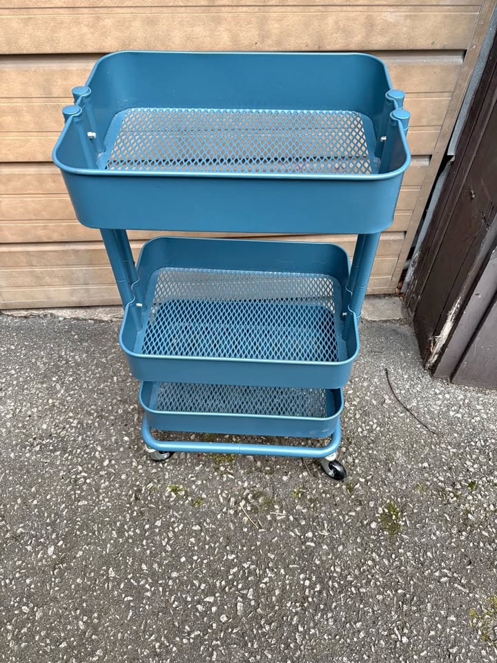 Ikea blue metal Raskog 3 shelf storage with wheels