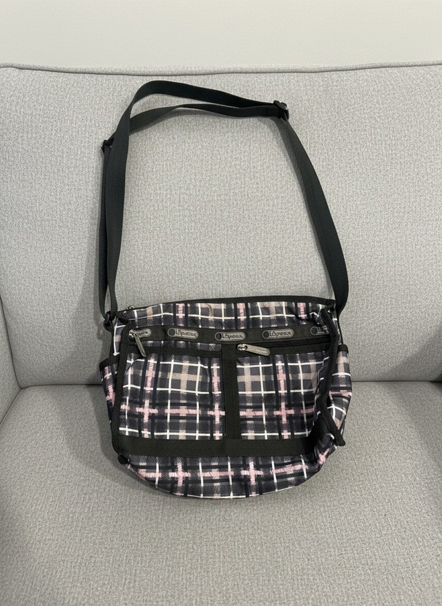 LeSportsac Crossbody Shoulder Bag — Grey Plaid Pattern