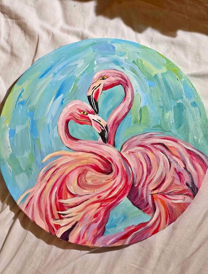 FLAMINGO BIRDS ACRYLIC PAINTING ON ROUND CANVAS