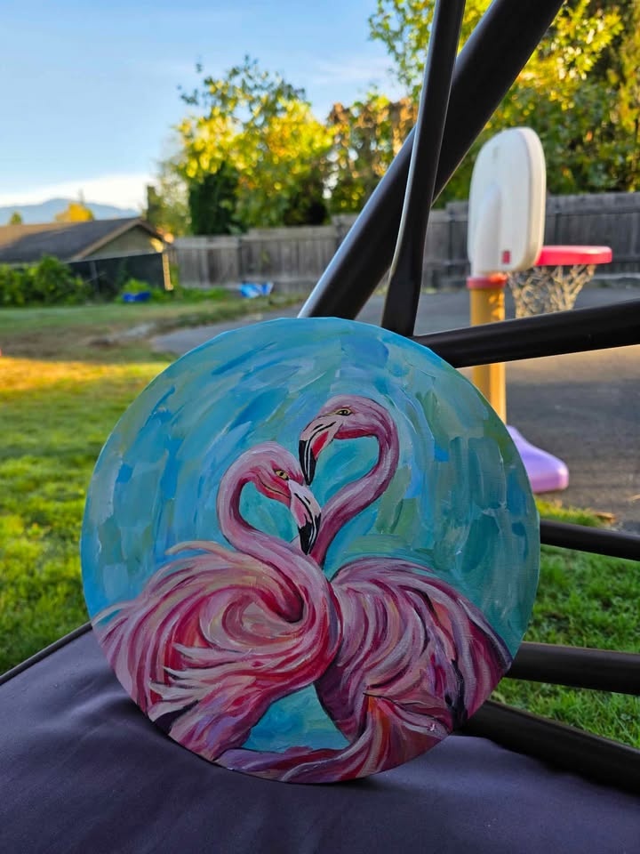 FLAMINGO BIRDS ACRYLIC PAINTING ON ROUND CANVAS - photo 2