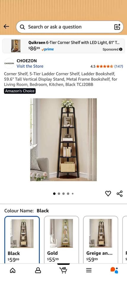 Corner Shelf, 5-Tier Ladder Corner Shelf, Ladder Bookshelf, 59.6