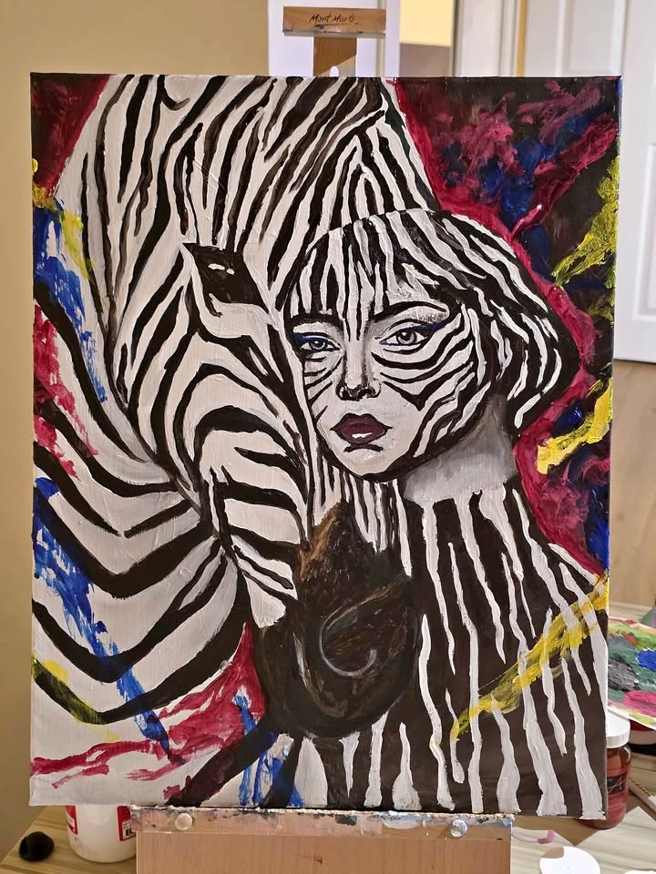 ZEBRA AND WOMAN ACRYLIC PAINTING