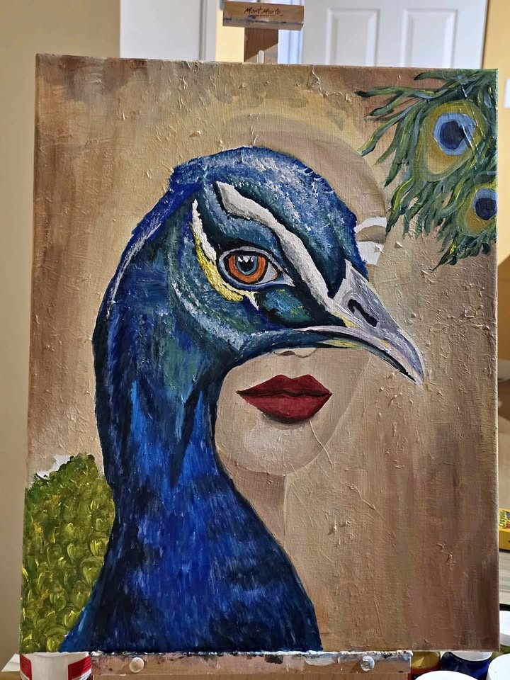 PEACOCK AND WOMAN ACRYLIC PAINTING