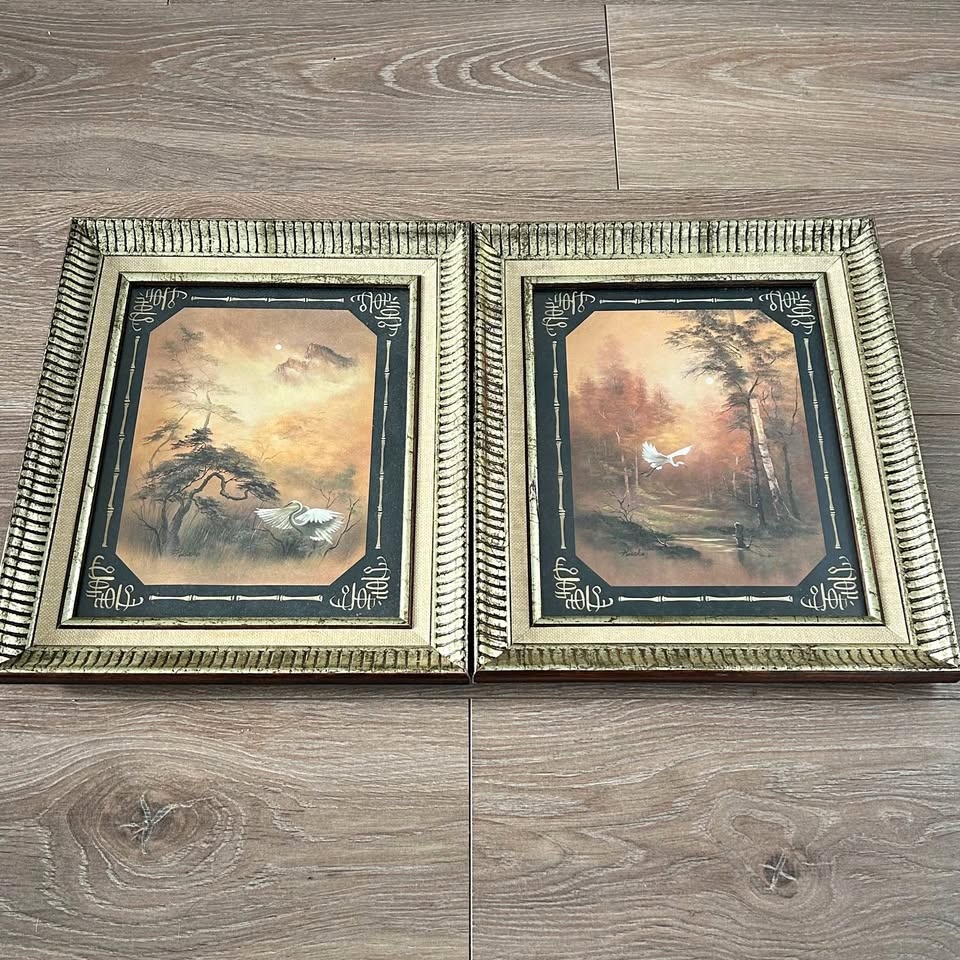 Vintage Framed Crane Landscape Art Prints – Matching Pair