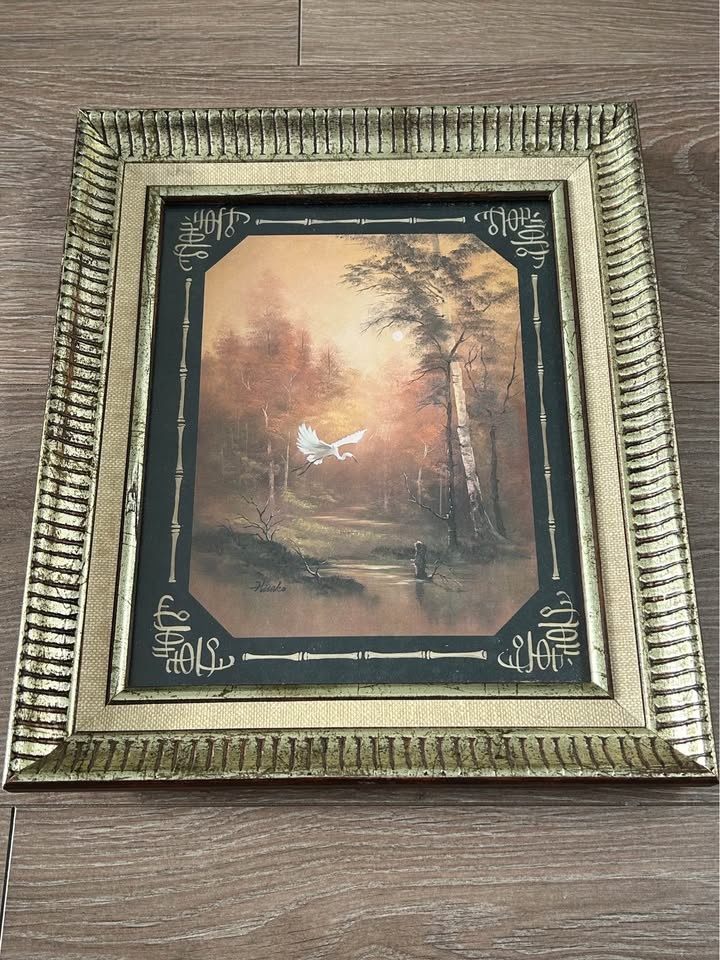 Vintage Framed Crane Landscape Art Prints – Matching Pair - photo 2