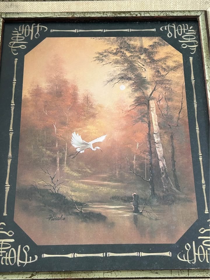 Vintage Framed Crane Landscape Art Prints – Matching Pair - photo 3