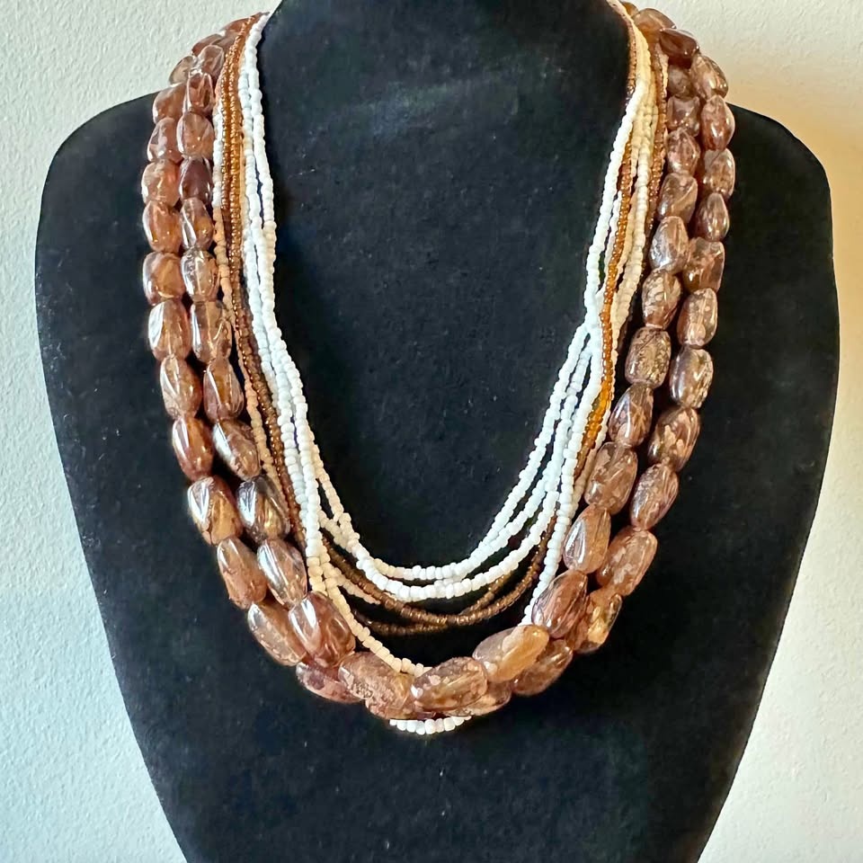 Earthy Multistrand Root Beer Speckled White Seed Bead Necklace