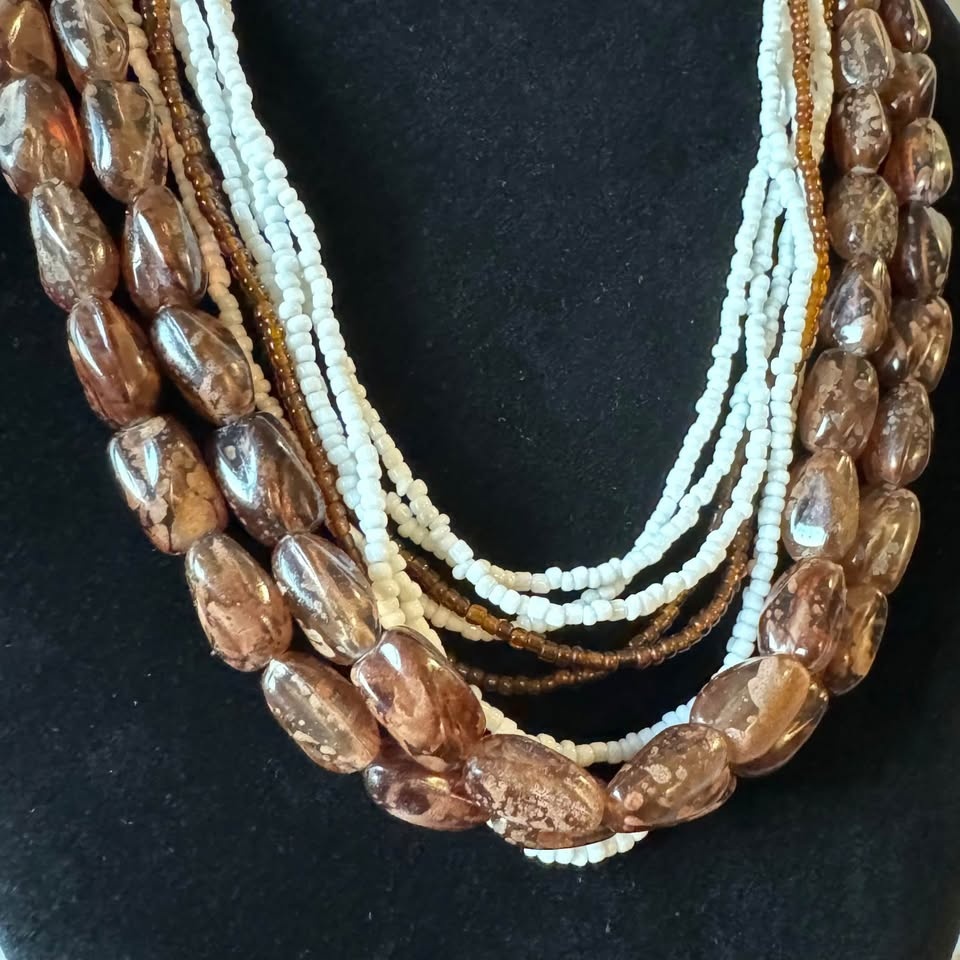 Earthy Multistrand Root Beer Speckled White Seed Bead Necklace - photo 2