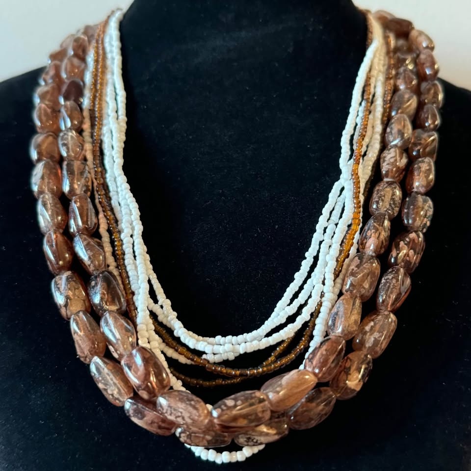 Earthy Multistrand Root Beer Speckled White Seed Bead Necklace - photo 5