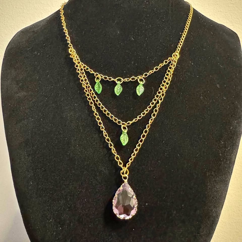 Fairycore Purple Ombre Crystal Pendant Green Leaf Necklace