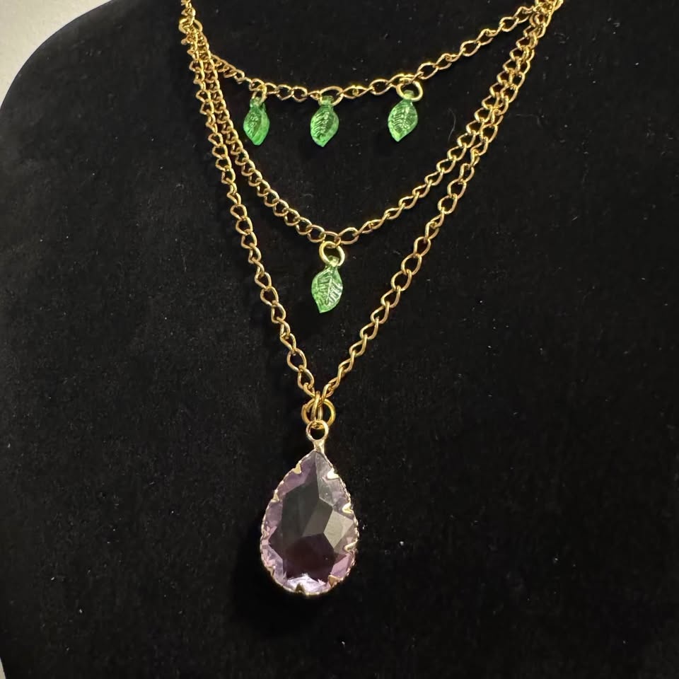 Fairycore Purple Ombre Crystal Pendant Green Leaf Necklace - photo 2