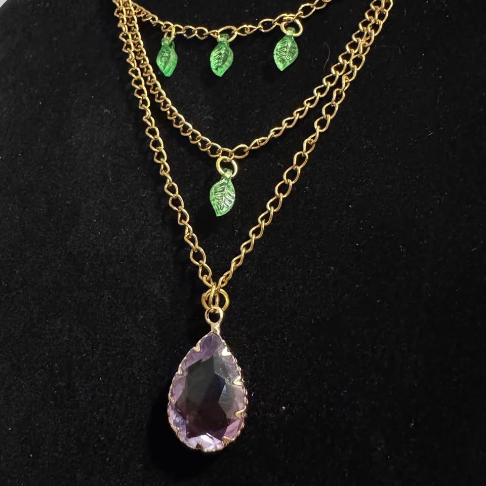 Fairycore Purple Ombre Crystal Pendant Green Leaf Necklace - photo 5