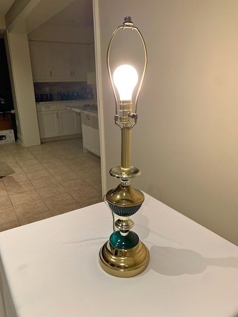 Vintage Table Lamp Brass With Teal / Hunter Green Ename