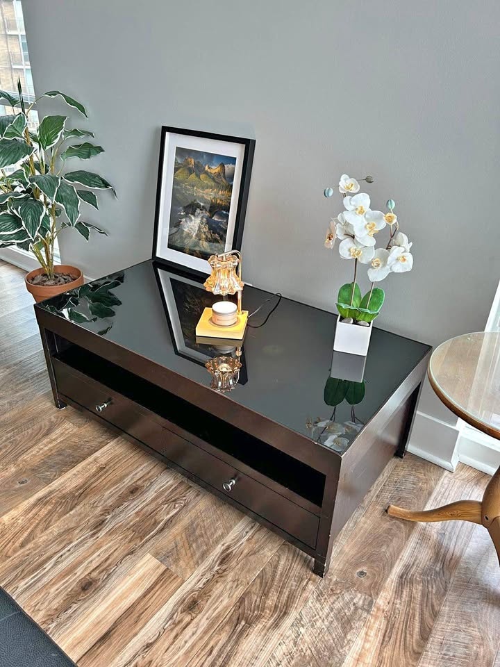 Dark Wood Coffee Table with Glass Top & Drawers