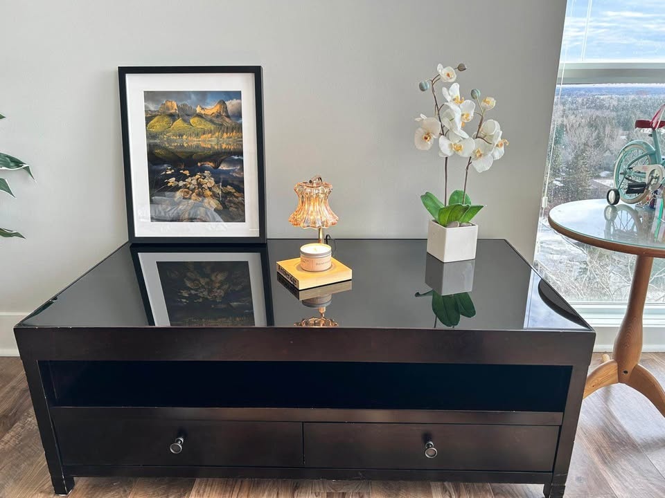 Dark Wood Coffee Table with Glass Top & Drawers - photo 2