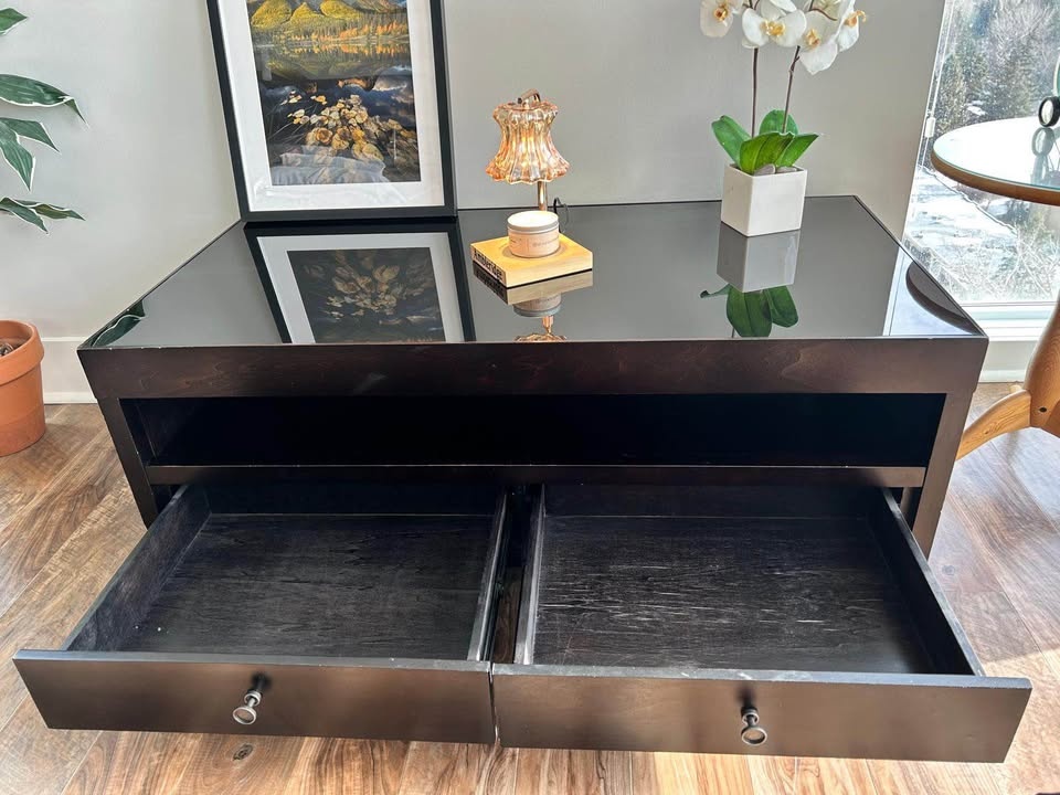 Dark Wood Coffee Table with Glass Top & Drawers - photo 3