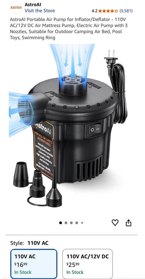 AstroAI Air Pump - 110V AC/12V DC Air Mattress Pump, w/3 nozzles