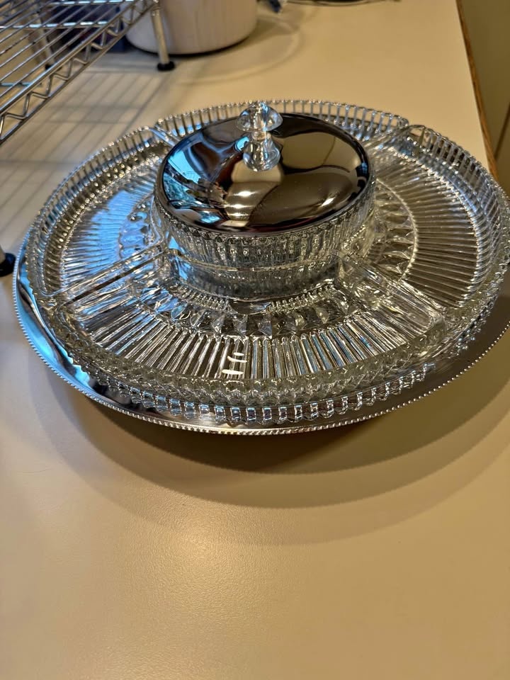 Kromex Lazy Susan Cut Glass Relish Tray