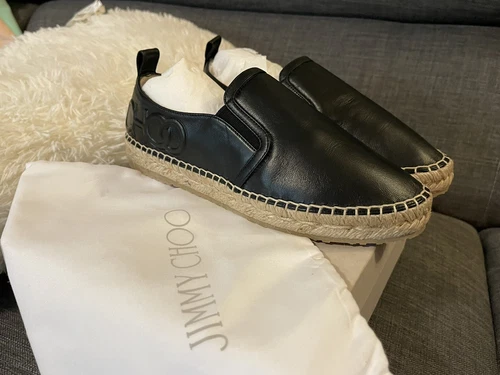 BRAND NEW Authentic JIMMY CHOO Black Lichi Flat Espadrilles US6.