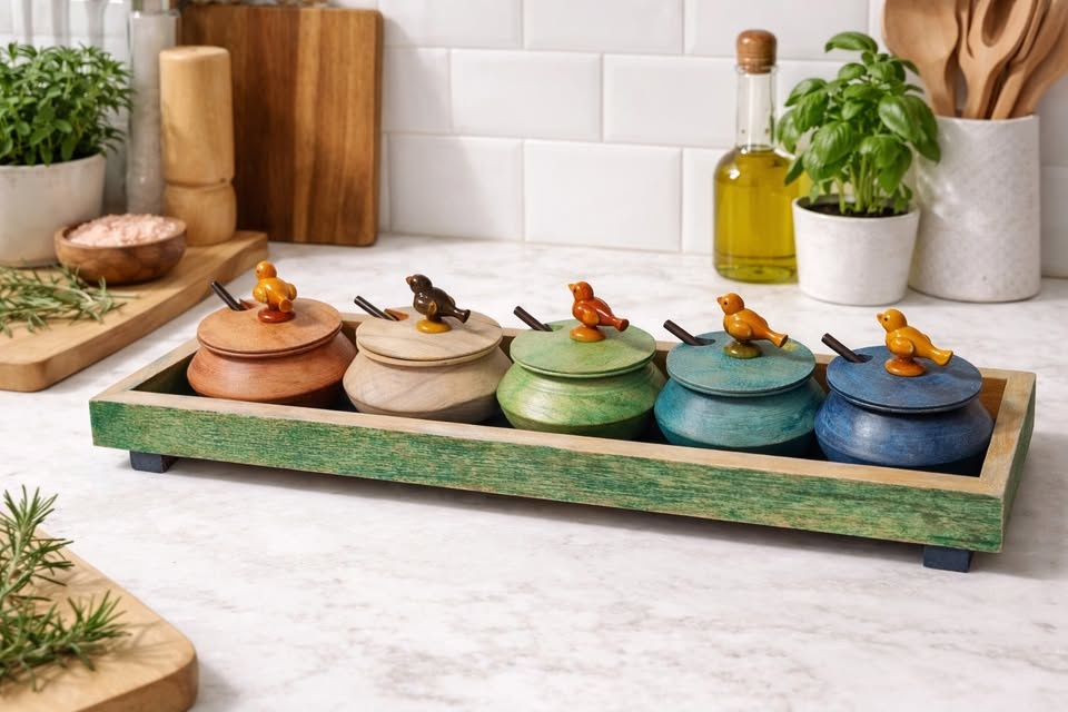 🌿 Handmade Wooden Herb & Spice Jar Set