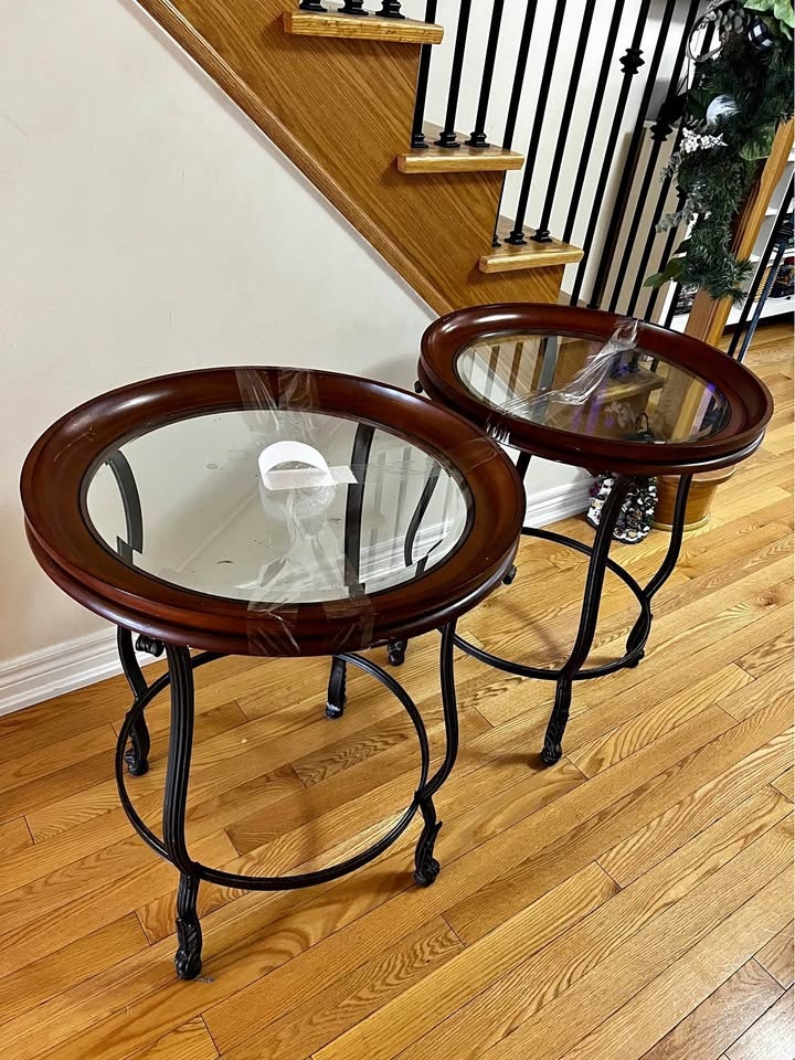 Art deco side tables iron wood and glass