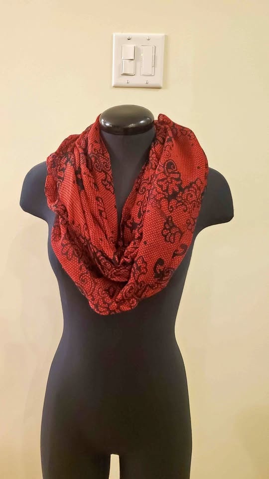 Chic Red and Black Floral Infinity Scarf Semi Sheer
