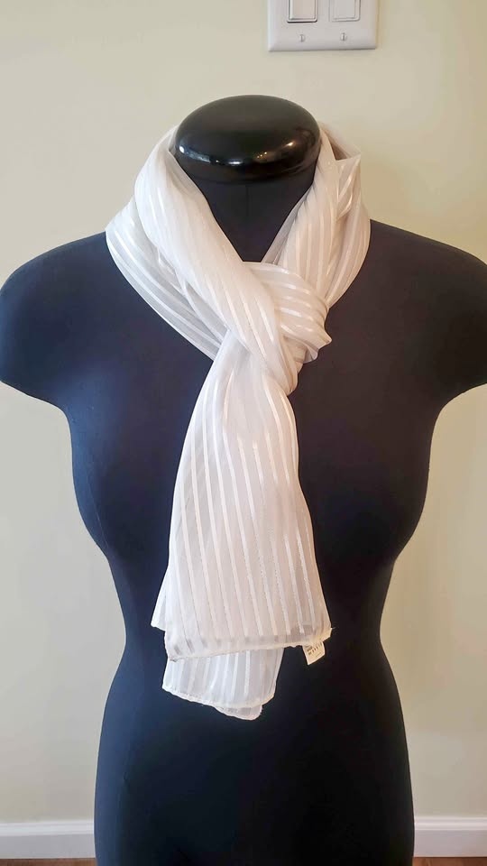 Vintage White Striped Scarf with Gold Accents Made in Korea