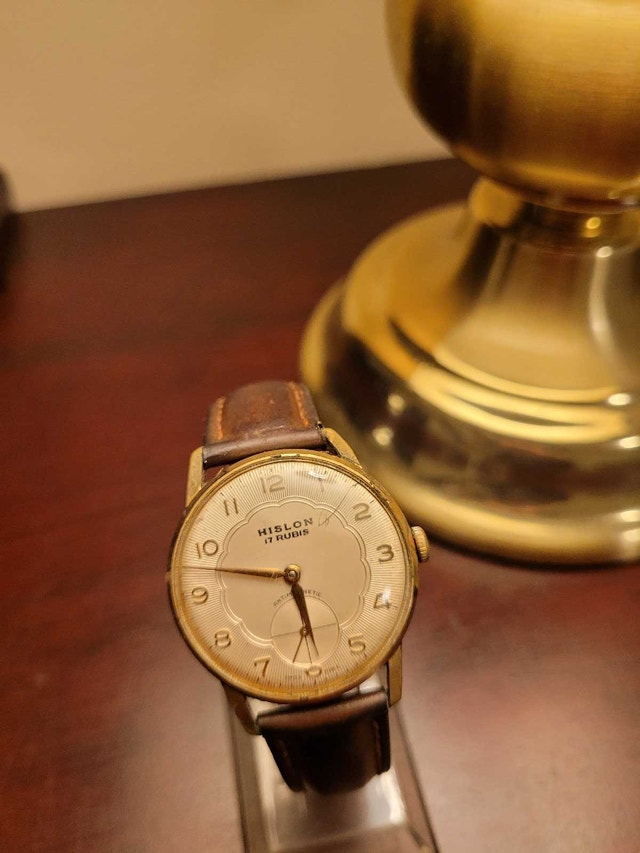 Rare Vintage Hislon 17 Rubis Gold With Brown Leather Men's Watch - photo 4